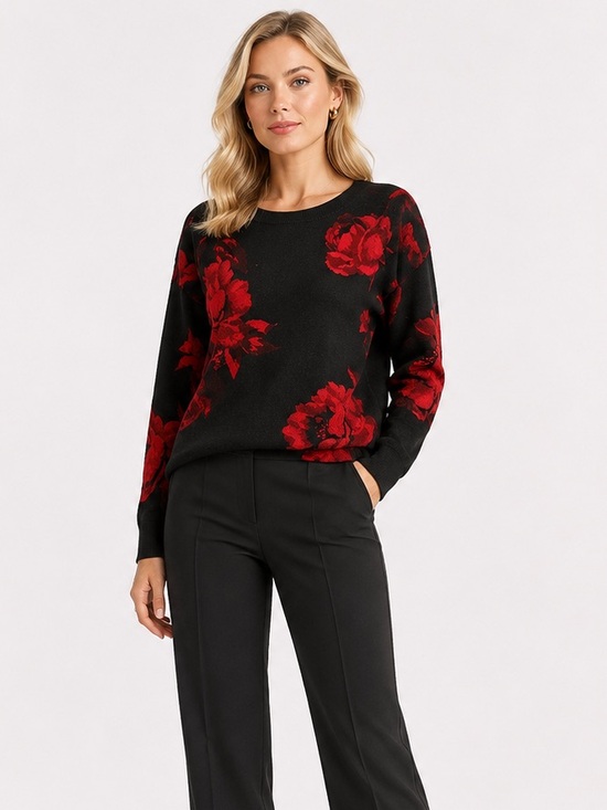 Talbots Sweaters - Talbots Merino Wool Black Sweater with Red Floral Print - Crew Neck
